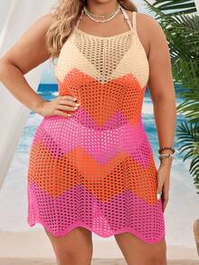 SHEIN Swim Vcay Váy len hở tay khoét lỗ màu tương phản cỡ lớn cho nữ - Nhiều màu - Xem 2