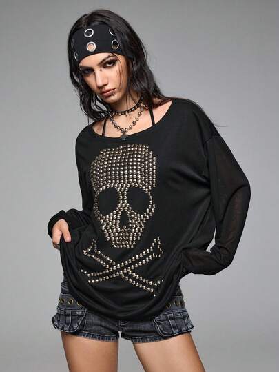 Grunge Punk Loose Fit Oversized Crew Neck Skull Rivet & Rhinestone Graphic Long Sleeve T-Shirt