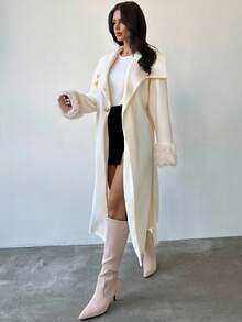 Firerie 女士优雅简约基本款休闲时尚办公室通勤卡其色长款宽松夹克，带毛领和袖口，秋冬，优雅，商务休闲，驼色，长袖 - 杏色 - 查看 4