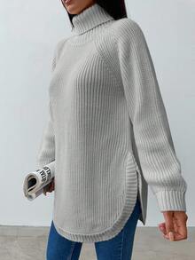 EURMUSE Women's High Neck Raglan Long Sleeve Sweater - Light Grey - View 5