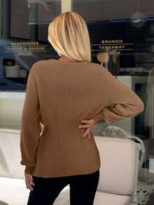 EURMUSE Women Solid Color Front Button Round Neck Cardigan,Cardigans,Long Cardigans Woman,Petite,Tall - Camel - View 4