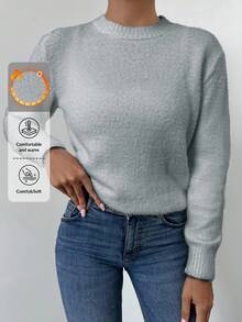 RueChic Women Solid Color Round Neck Long Sleeve Casual Loose Knit Grey Sweater, Autumn/Winter