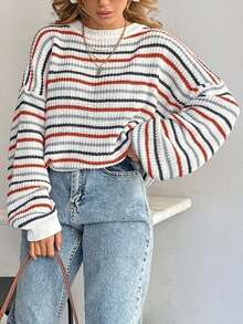 EURMUSE Femme pull ample à encolure ronde et épaules tombantes avec motif rayé - Multicolore - Voir 5