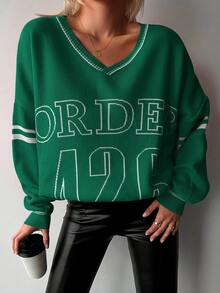 EURMUSE Women's Letter Print Drop Shoulder Sweater - Green - View 3