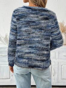 SHEIN LUNE 女式休闲仿皮草圆领长袖T恤 - 藍色 - 查看 2