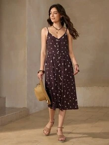 Wildy 女式碎花单排扣休闲无袖中长连衣裙，度假风格女式夏装