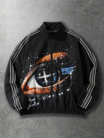 Street Life Men's Autumn Letter & Eye Print Zip-Up Casual Jacket