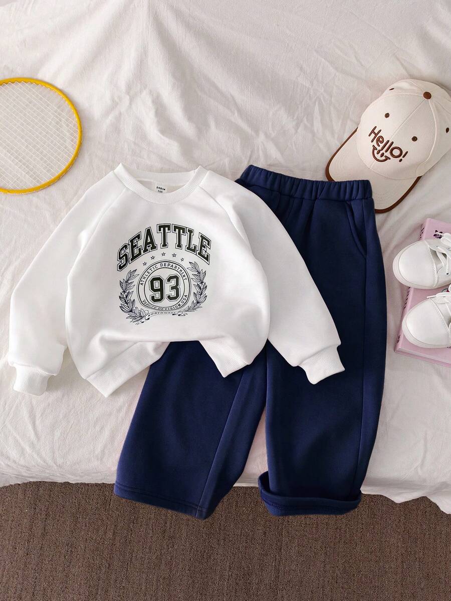 Genkimix Kids Genkimix 少女女孩 2 件套：白色插肩袖运动衫和宽松粉色运动裤，适合春季、秋季、冬季穿着，适合外出、上学和日常休闲穿着 - 藏蓝色 - 查看 1