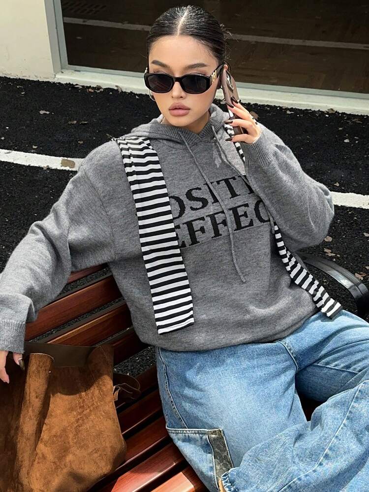 Dazy Plus Plus Size Letter Jacquard Loose Fit Hooded Street Style Thick Fashion Pullover Sweater, Plus Size Women, Autumn/Winter