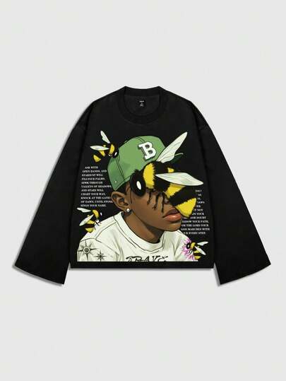 Street Life Camiseta de manga larga estampada para hombre, corte holgado y acortado