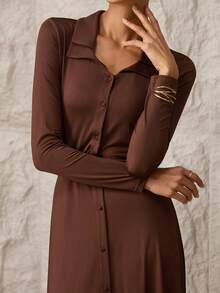 Modelyn Women's Elegant Commuter Solid Color Front Button Long Dress