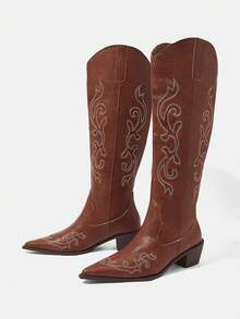 Styleloop Botas altas de estilo occidental con bordado marrón para mujer - Marrón - Ver 3