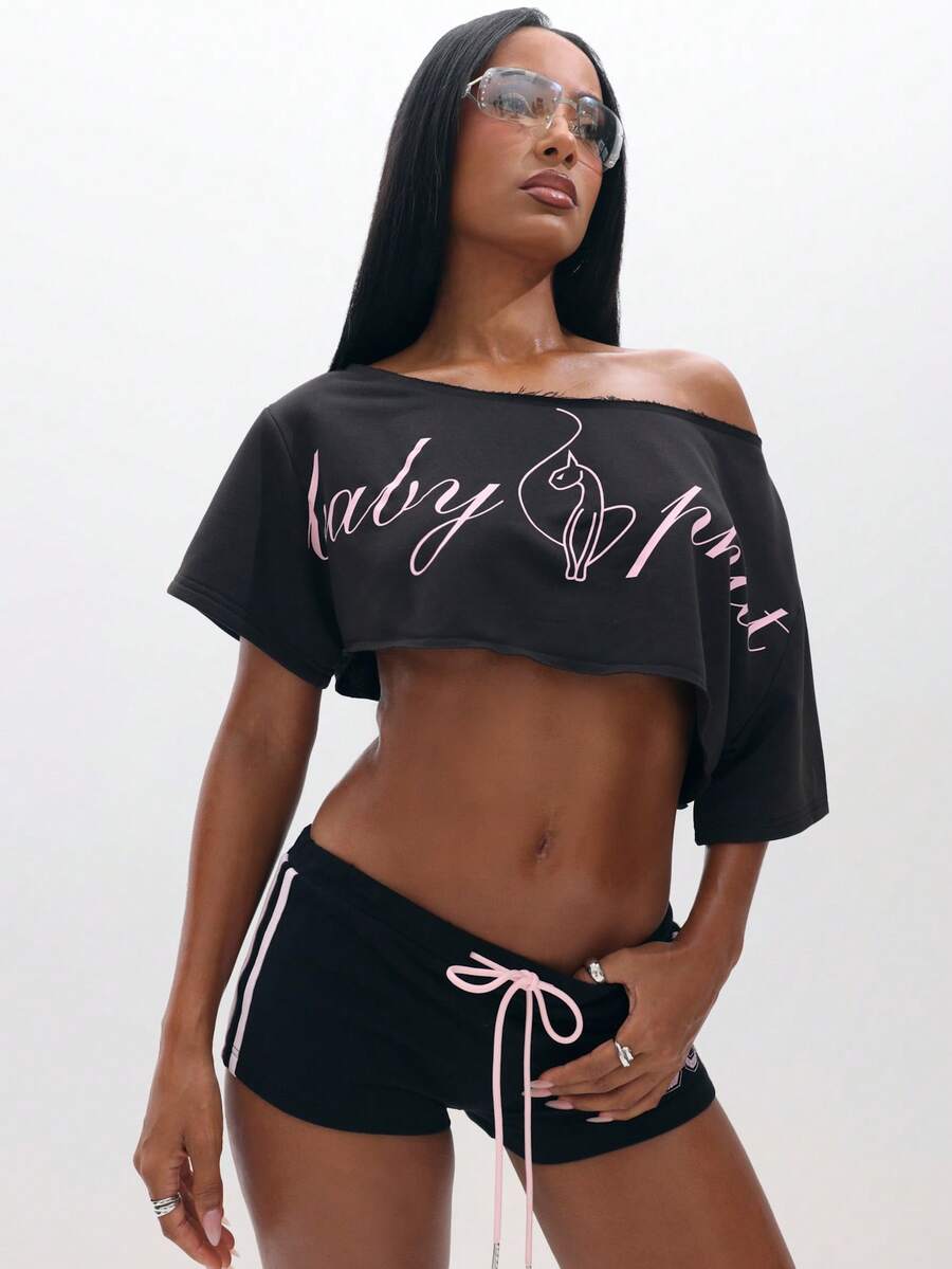BABYPHAT Off Shoulder Cropped Sweatshirt With Pink Script Logo For Casual Everyday Comfort - Black - View 1