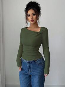 Selianne Autumn/Winter New Solid Color Brushed Ribbed Oblique Collar Pleated Long Sleeve T-Shirt, Slim Fit Casual Top - Army Green - View 5