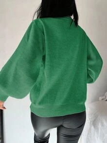 EURMUSE Button Detail Lantern Sleeve Sweater - Army Green - View 2