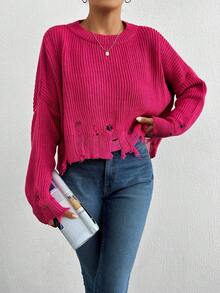 EURMUSE Drop Shoulder Distressed Ribbed Knit Sweater - Hot Pink - View 3