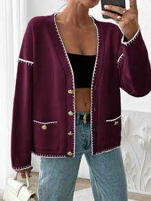 EURMUSE Women Solid Color Deep V-Neck Handmade Stitch Detailed Cardigan - Burgundy - View 5