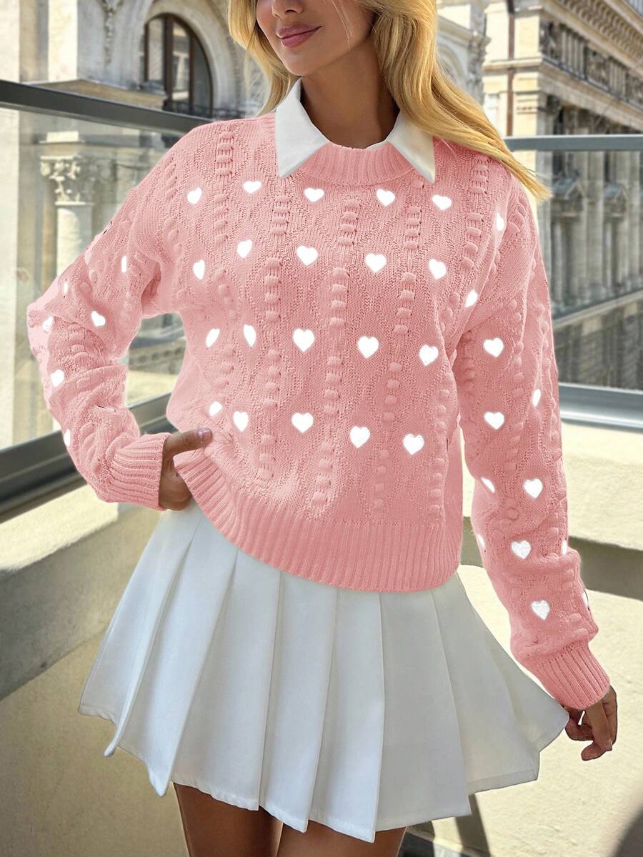 EURMUSE Women Hearth Embroidery Textured Knit Round Neck Pullover - Baby Pink - View 1