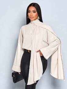 SOLERSUN 女士优雅杏色高领长袖衬衫，配长围巾 - 杏色 - 查看 5