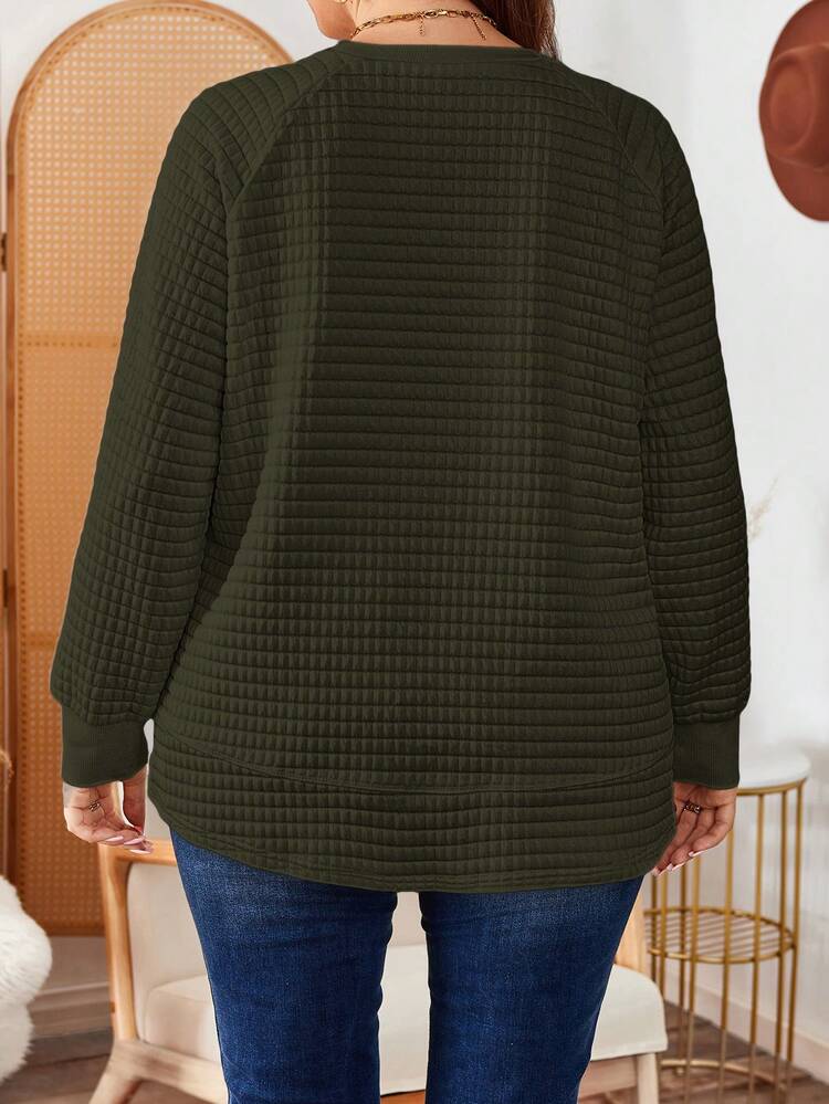 プラスサイズ レディース ウィンター クルーネック 長袖 白チェック柄 非対称裾 ボタン カジュアル スウェットシャツ ホリデーアウトフィット