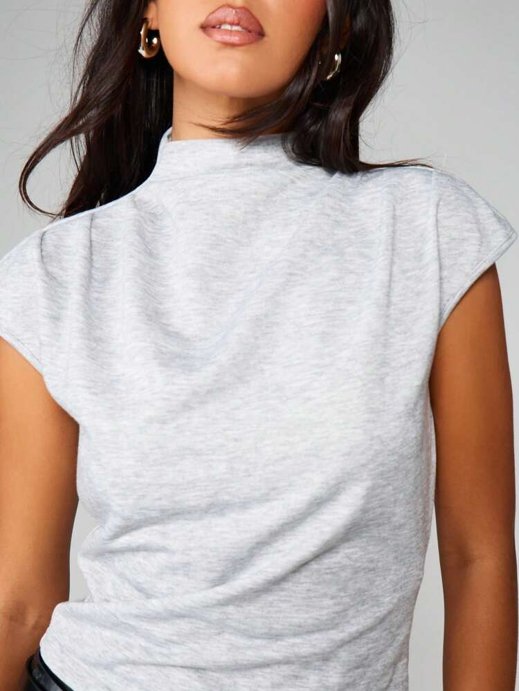 MISSGUIDED Grey Mock Neck Cap Sleeve Fitted Top Casual Basic Tee