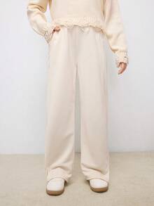 Pantalones de chándal holgados de pierna ancha con cintura elástica, bolsillos laterales y unicolor minimalista para niñas preadolescentes para uso diario y casual