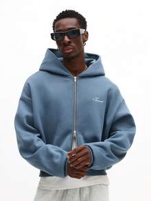 SUMWON Crop Fit Heavyweight Zip Up Hoodie With Drawstring Hood And Centre Pocket For Casual Streetwear - Grey - View 1