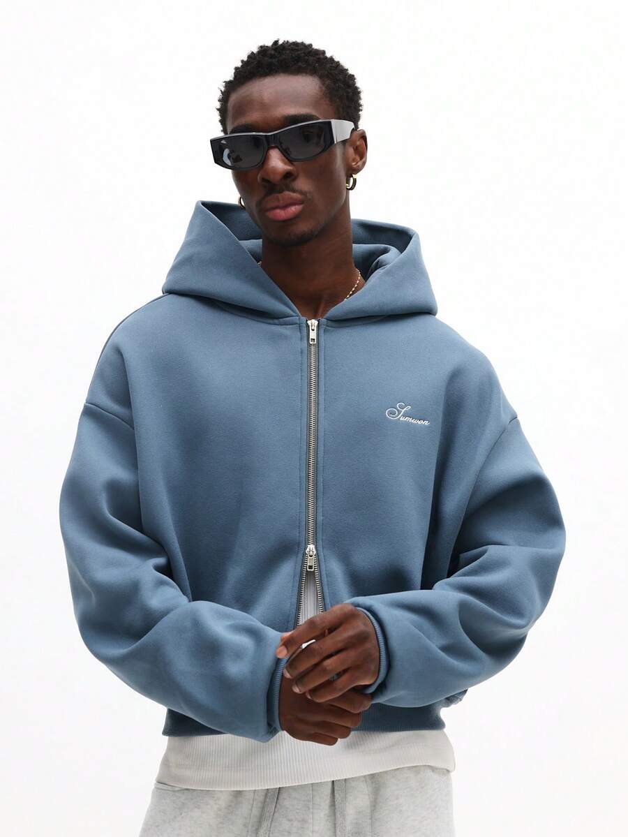 SUMWON Crop Fit Heavyweight Zip Up Hoodie With Drawstring Hood And Centre Pocket For Casual Streetwear - Grey - View 1