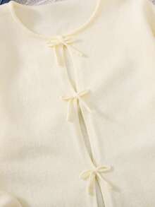 SHEIN Teen Girl Beige Bowknot Long Lantern Sleeve Casual Loose Cardigan,In Fall/Winter