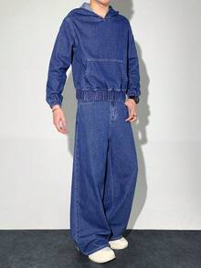 SHEIN Bolty 2Pcs Teen Boy Fashion Casual Y2k Vintage Cool Street Basic Simple Blue Denim Hooded Long-Sleeved Top And Loose Comfortable Jeans 2-Piece Set For Kids Clothes Teen Boy Dailywear And Kids Winter And Fall Rave Outfits Festival And Outfits Streetwear Clothes