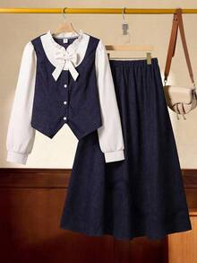 Sparklyn Bộ 2 món áo sơ mi tay dài và chân váy mini trang trí nơ cho bé gái tuổi teen - Xanh đậm - Xem 8