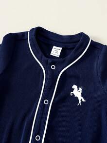 SHEIN 新生儿男/女宝宝可爱圆领长袖连体衣，秋冬款 - 藏蓝色 - 查看 3