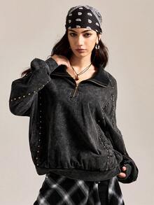 Easelle 宽松水洗铆钉拉链卫衣 黑色水洗秋冬百搭雪洗卫衣 铆钉复古休闲 - 黑色 - 查看 6