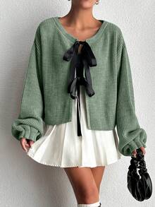 EURMUSE Chaqueta de punto acanalado con lazo, diseño de moda adecuado para el verano - verde menta - Ver 5