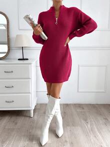 EURMUSE Vestido de malha casual de cor sólida com detalhe de zíper feminino - Rosa - Ver 3