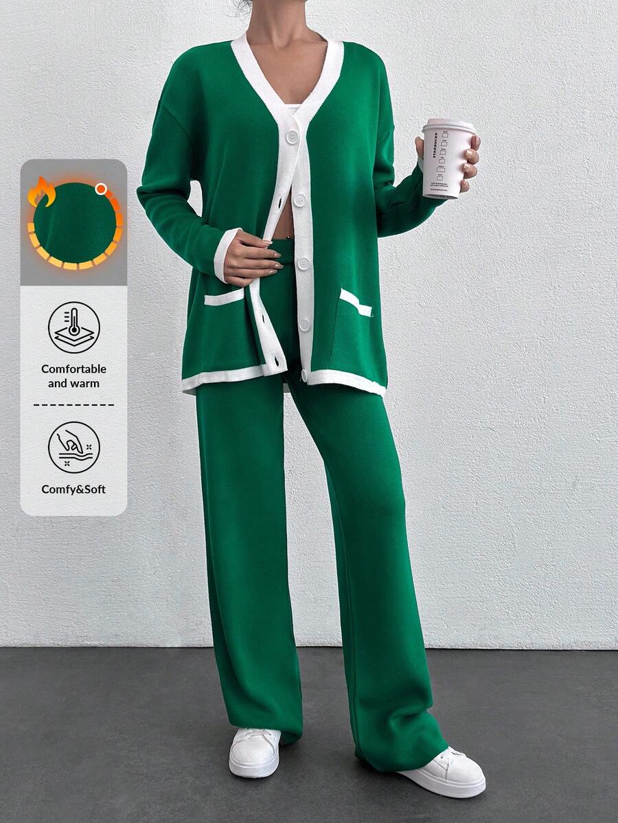 SHEIN Cottnline 2pcs/Set Women Contrast Color Block Front Button Closure Long Sleeve Top And Pants Casual Suit - Dark Green - View 1