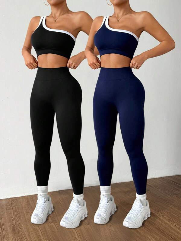 Velisys Conjunto deportivo para mujer con top de yoga sin costuras de un solo hombro y alta elasticidad que levanta el trasero