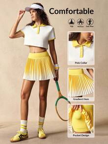 VARSIVA POLO Collar Tennis Skirt Set, Bright Yellow Color-Blocked Pleated Mini Skirt With Built-In Shorts. - Multicolor - View 6