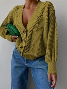 EURMUSE Cable Knit Drop Shoulder Cardigan - Olive Green - View 4
