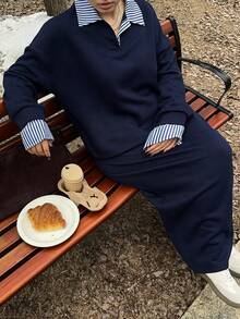 Dazy Plus 2pcs/Set Women Plus Size Casual Contrast Color Splice Lapel Loose Thicken Fleece Sweatshirt And Skirt Set, Autumn/Winter Lounge Sets For Women - Navy Blue - View 3
