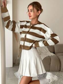 SHEIN Cottnline Women's Stripe Drop Shoulder Cardigan With Open Front - Camel - View 3