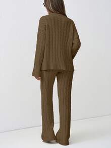 SHEIN Tall 女士粗针织落肩毛衣和裤子两件套 - 棕色 - 查看 2