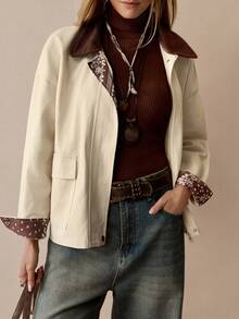 Florisole Women's Vintage Patchwork Collar Textured Dual Pocket Loose Fit Long Sleeve Khaki Jacket, Winter - Khaki - View 7