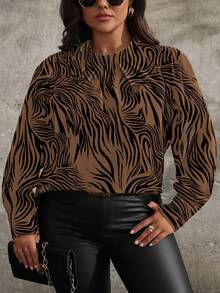 EMERY ROSE Damen Große Größen Zebra Muster Rundhals Langarm Lässig Pendler Modisch Elegant Vielseitige Bluse, Herbst/Winter - Verschiedenfarbig - Übersicht 3
