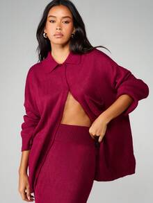 MISSGUIDED Cardigan oversize da donna con chiusura a bottoni e dettaglio di tasca sul petto, per comfort in autunno e inverno, adatto anche per Natale - Bordò - Visualizzare 5