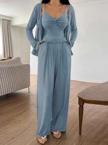 DAZY 3件套纯色针织扭结设计吊带背心、开襟上衣和裤子女士家居服套装，秋冬款