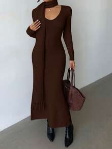 Elenzga Elegant Light Apricot V-Neck Simple Comfortable Vintage Style Knitted Dress With Tassel Scarf, Suitable For Commuting And Outings In Autumn/Winter - Brown - View 6