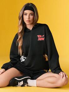 TOM & JERRY X SHEIN Women's Casual Letter & Cartoon Print Hoodie And Shorts 2 Pieces Set, Autumn - Black - View 5