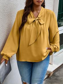 Weeklong Plus Size Casual Solid Color Twist Collar Loose Shirt, Autumn - Mustard Yellow - View 3
