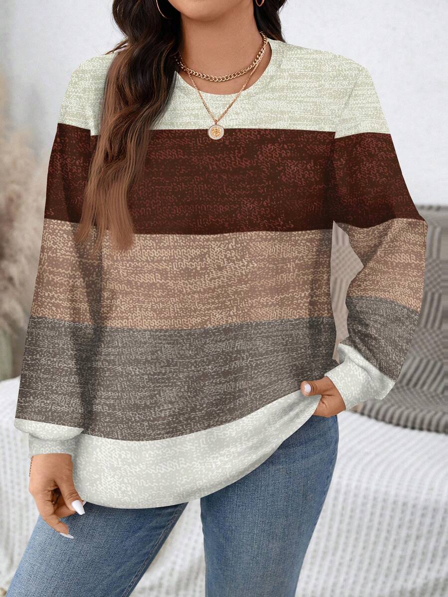 EMERY ROSE Plus Size Casual Striped Colorblock Pattern Loose Fit Crew Neck Sweatshirt, Suitable For Autumn/Winter - Multicolor - View 1